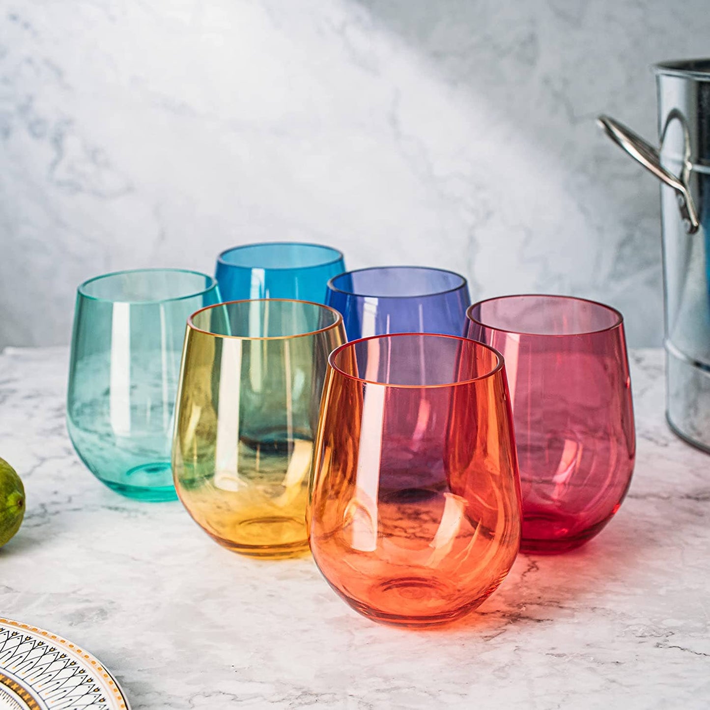 6 Unbreakable Colored Stemless Wine Glasses Acrylic