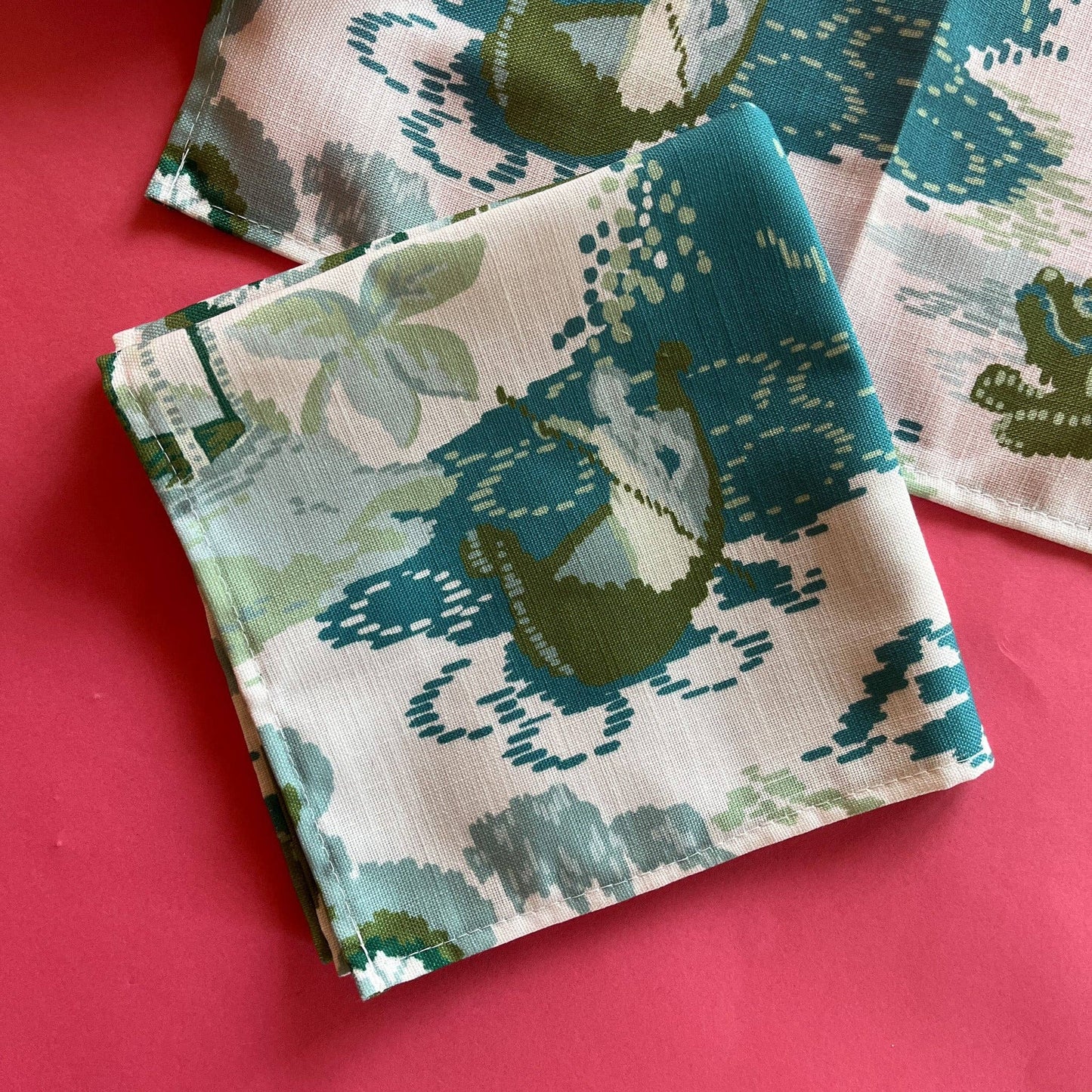 Old Peking Green and Blue Chinoiserie Cloth Dinner Napkins, Set of 4