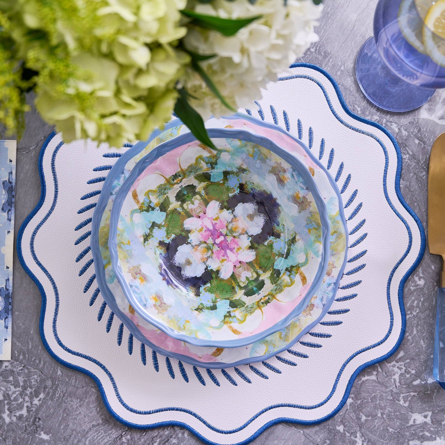 Scalloped Embroidered Feather Placemats Navy, Set of 4