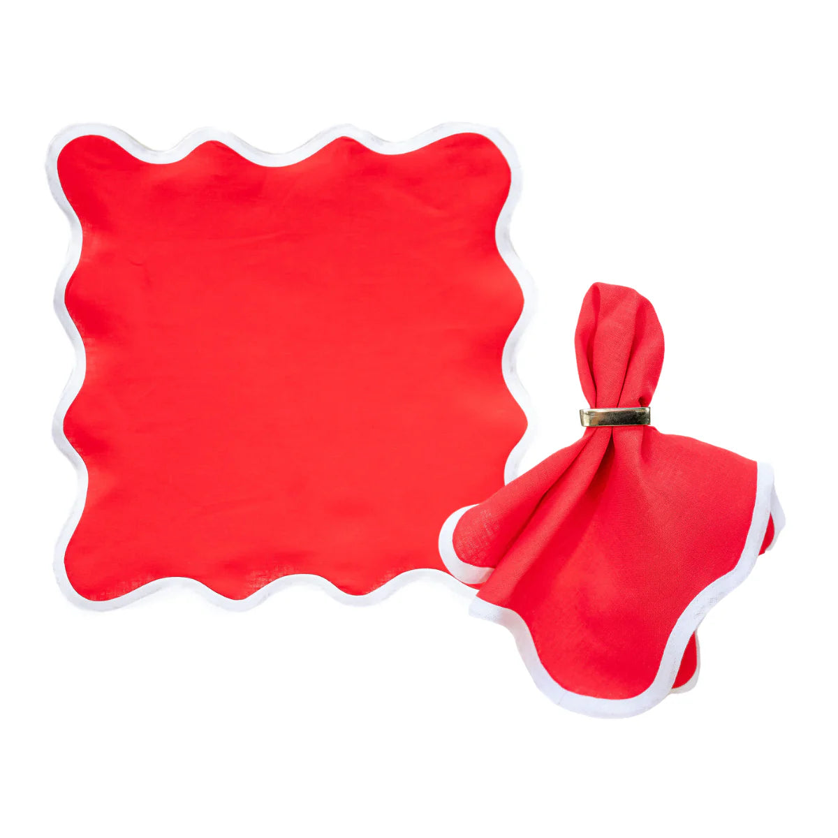 Linen Scalloped Square Rosebud Red