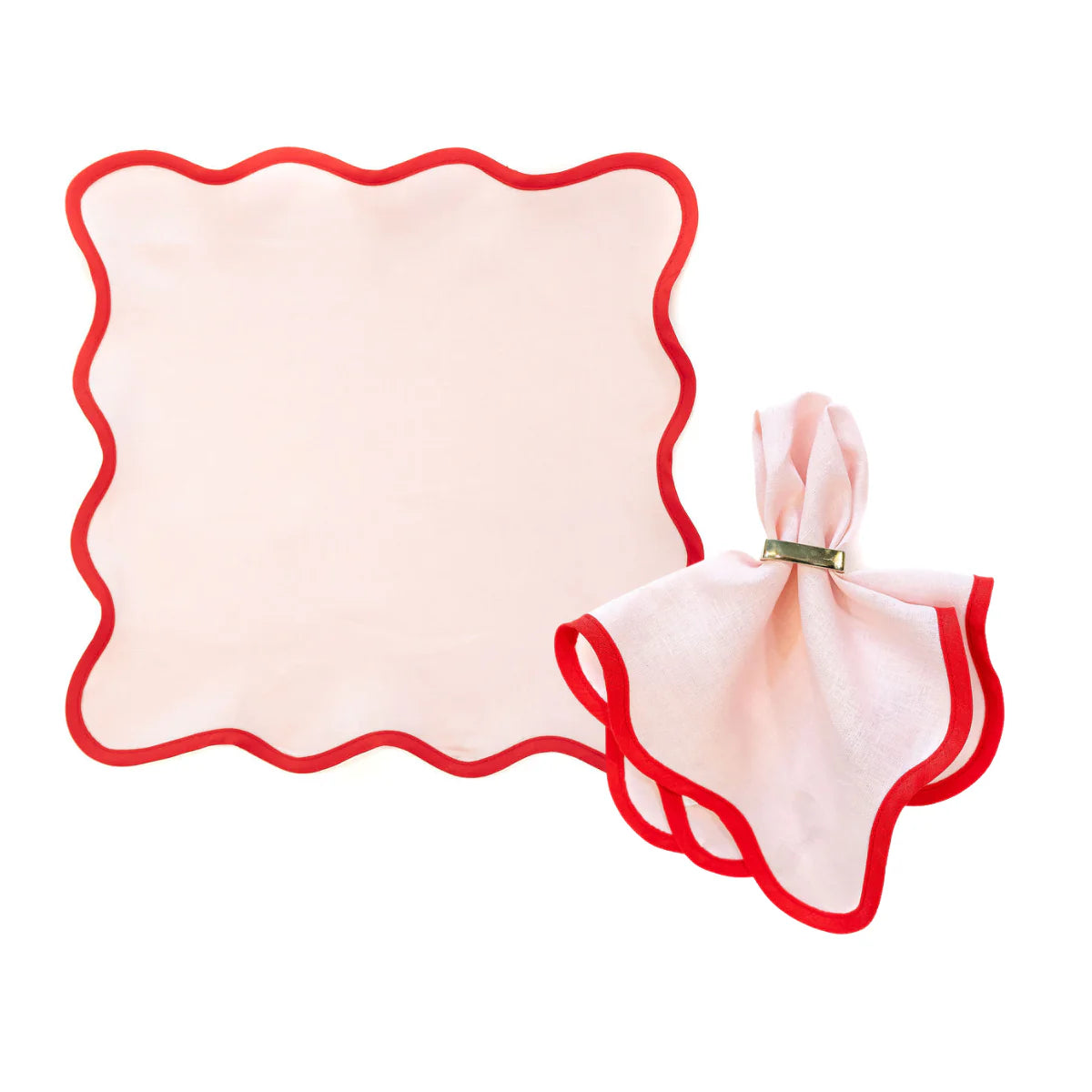 Linen Scalloped Square Peony Pink with Red Trim