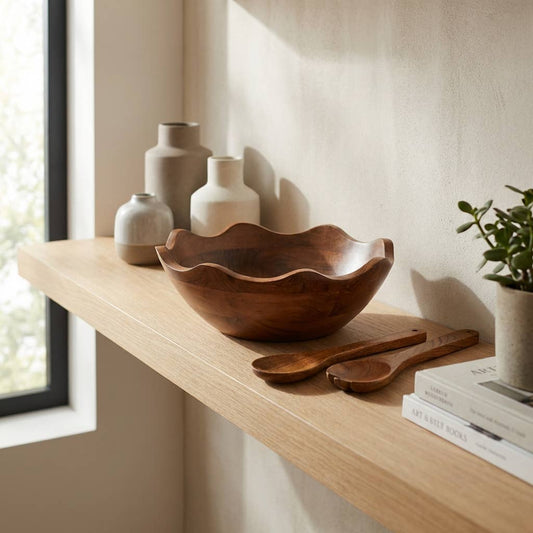 Hand-Carved Scalloped Acacia Wood Salad Bowl with Servers