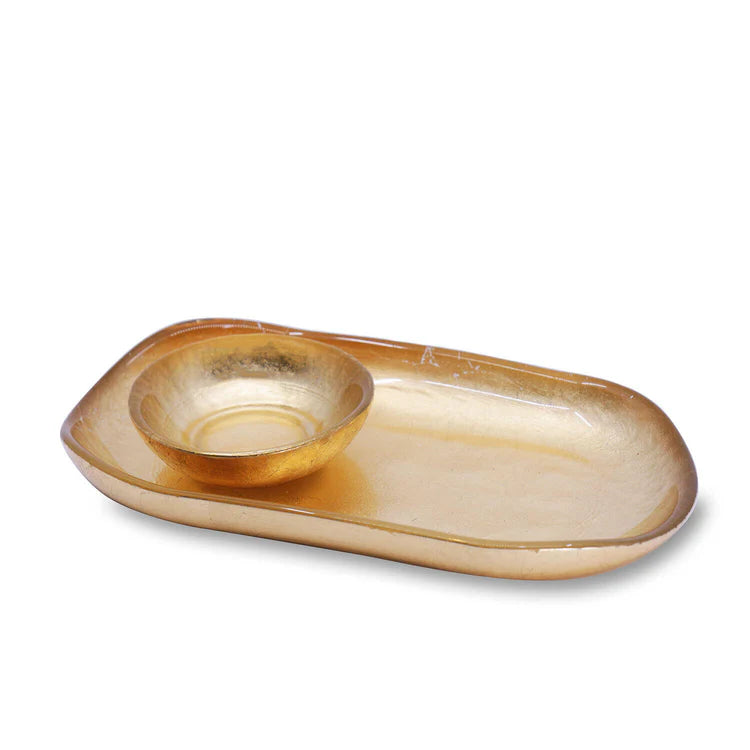 Glass Small Oval Foil Leafing Platter with Mini Bowl