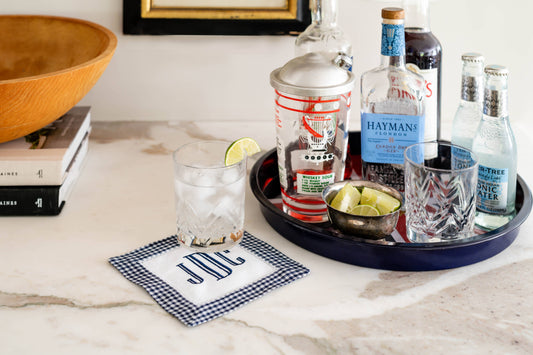 Check Mate Hemstitch Linen Cocktail Napkin: Naval Blue Set of 4