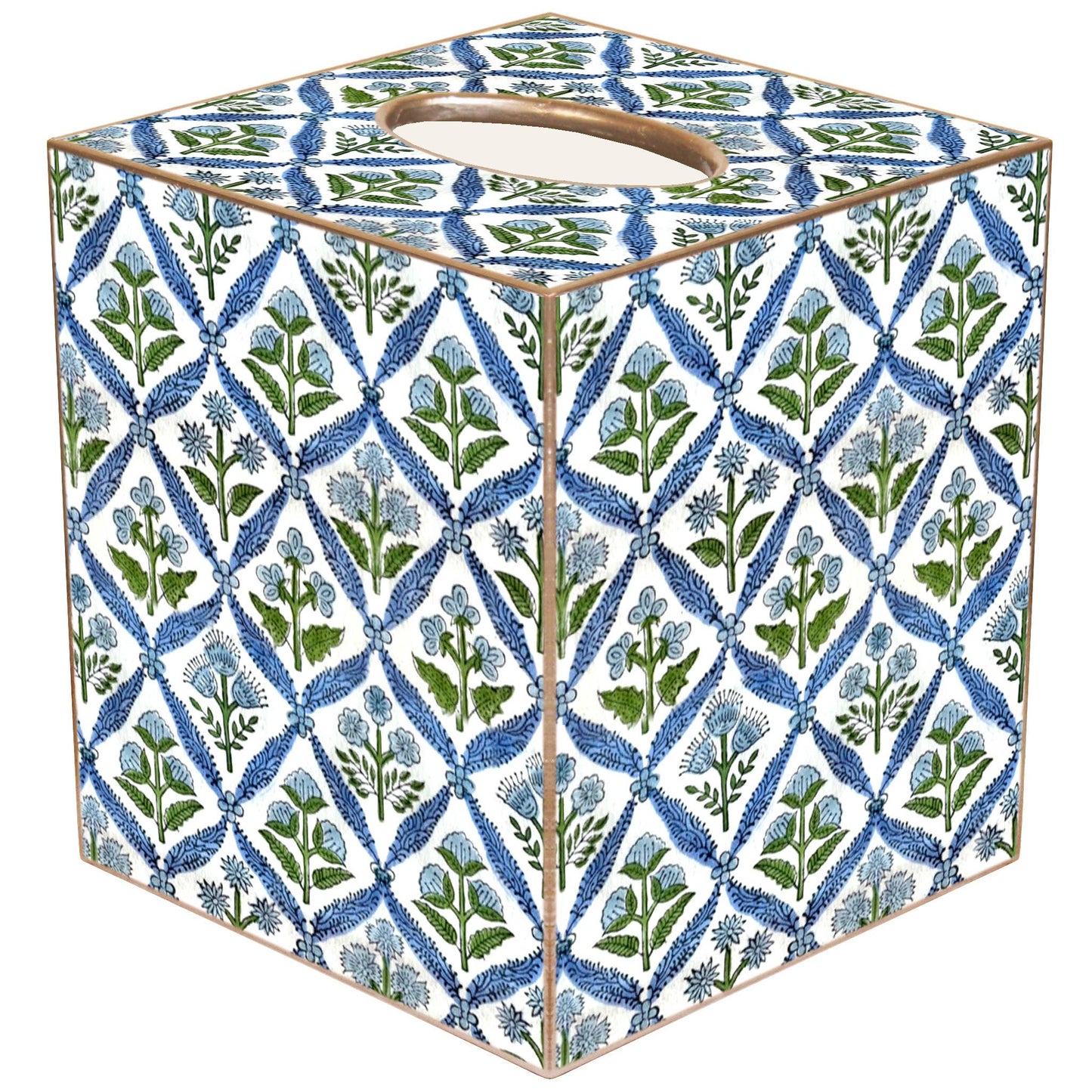 Blue Block Print Floral Pattern Tissue Box: Paper Mache