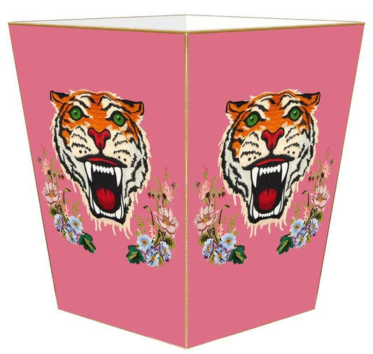 Tiger on Pink and Blue Wastepaper Basket: Pink / Scalloped Top