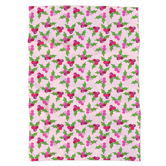 Pink Holly Tea Towel | Pink Christmas Holly Dish Towel