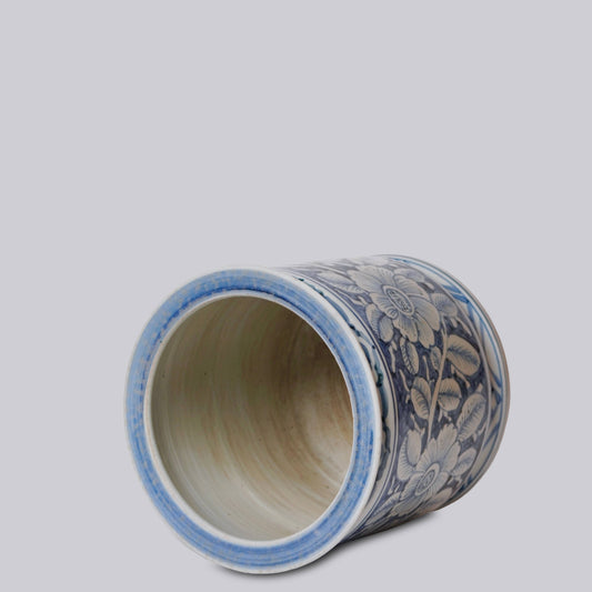 Blue and White Porcelain Floral Cachepot with Indented Rim