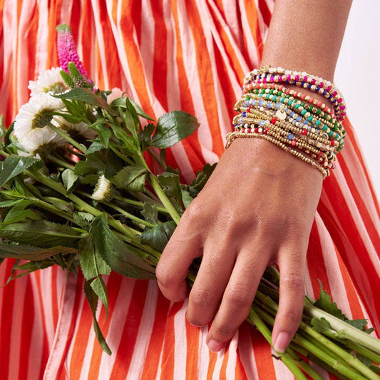 Ashley Small Brass + Crystal Stretch Bracelet Hot Pink + Gold Wholesale