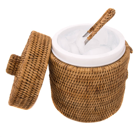 Rattan Ice Bucket with Tongs – Beverage Cooler: Honey Brown / Medium