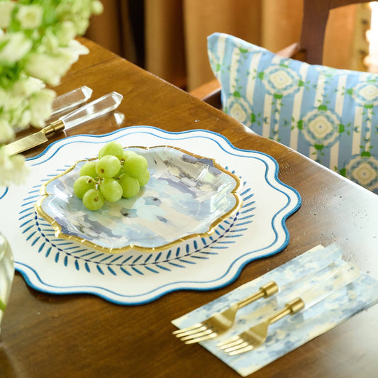 Scalloped Embroidered Feather Placemats - Navy, Set of 4