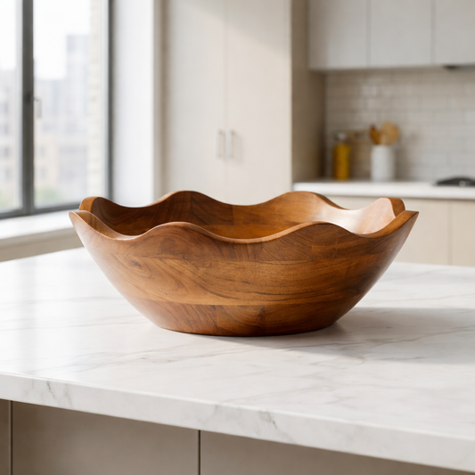 Hand-carved Acacia Wood Scalloped Serving Bowl: Small