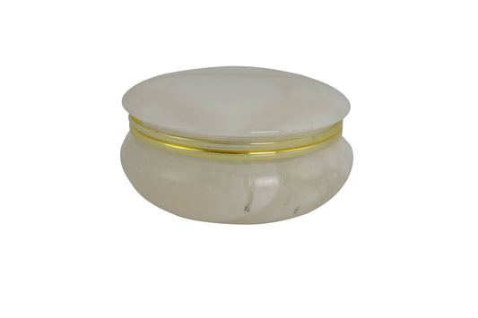 Trinket Box Round Alabaster Stone White with Gold Trim 4"