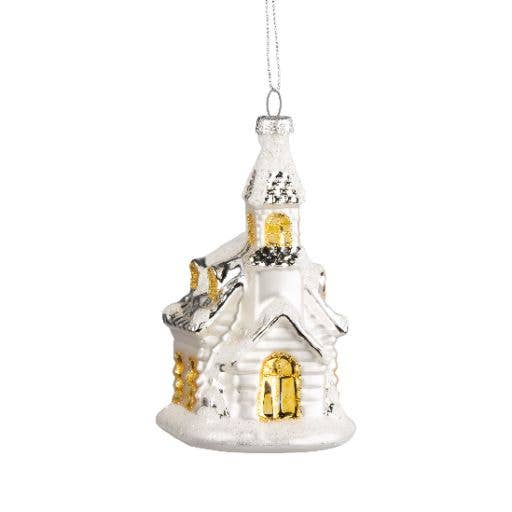 A61035:Glass white-and-gold church ornament 4.75 in