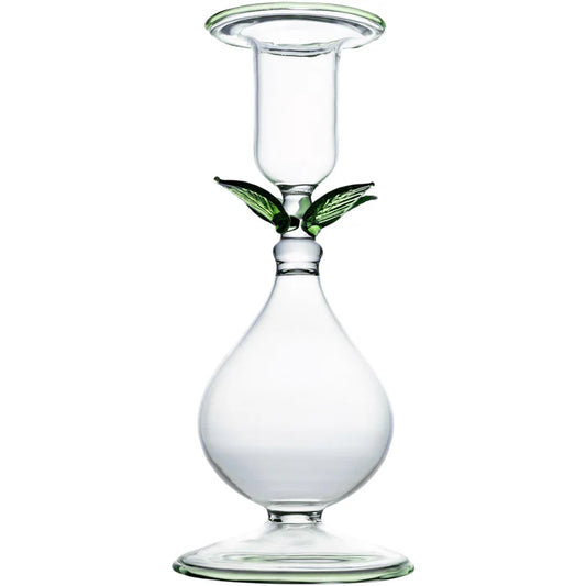Clear Candlestick with Green Leaves