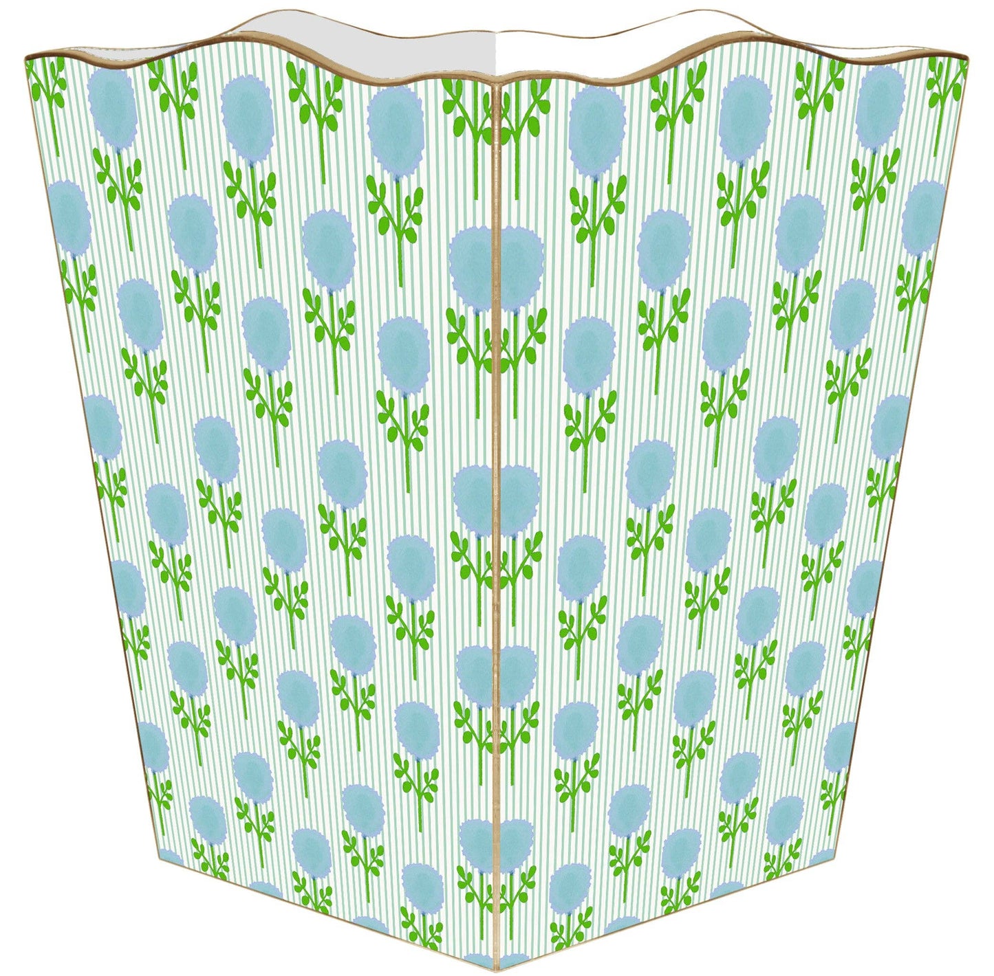 Marigold Ticking Stripe Blue by Laura Park Wastebasket: Wood Scalloped Top