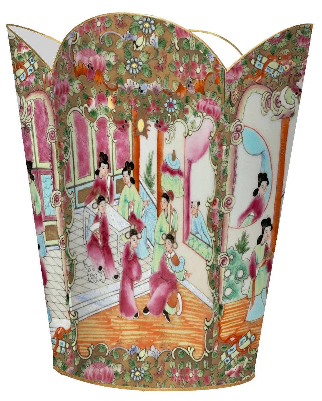 Rose Medallion People Wastebasket: Tin Scalloped