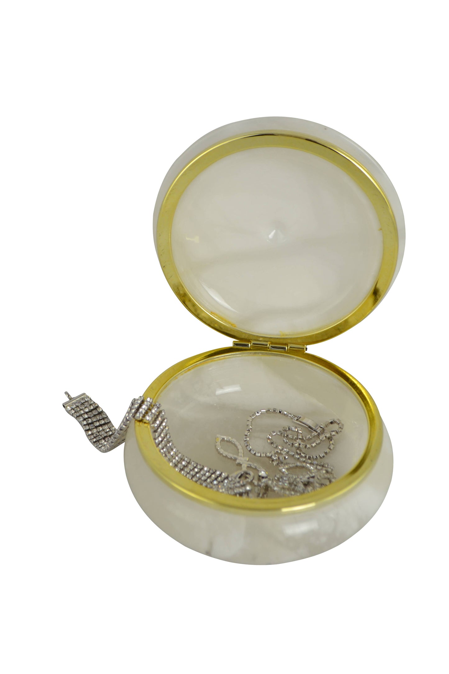 Trinket Box Round Alabaster Stone White with Gold Trim 4"