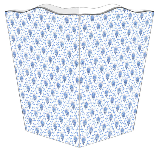 Blue and White Provencial Print Wastebasket with Scallop Top