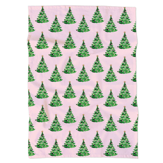 Pink Christmas Tea Towel | Christmas Trees on Pink Tea Towel