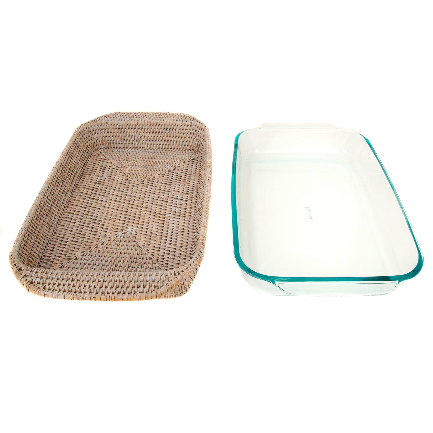 Rattan Rectangular Baker Basket with Pyrex – 13 Inch: White Wash