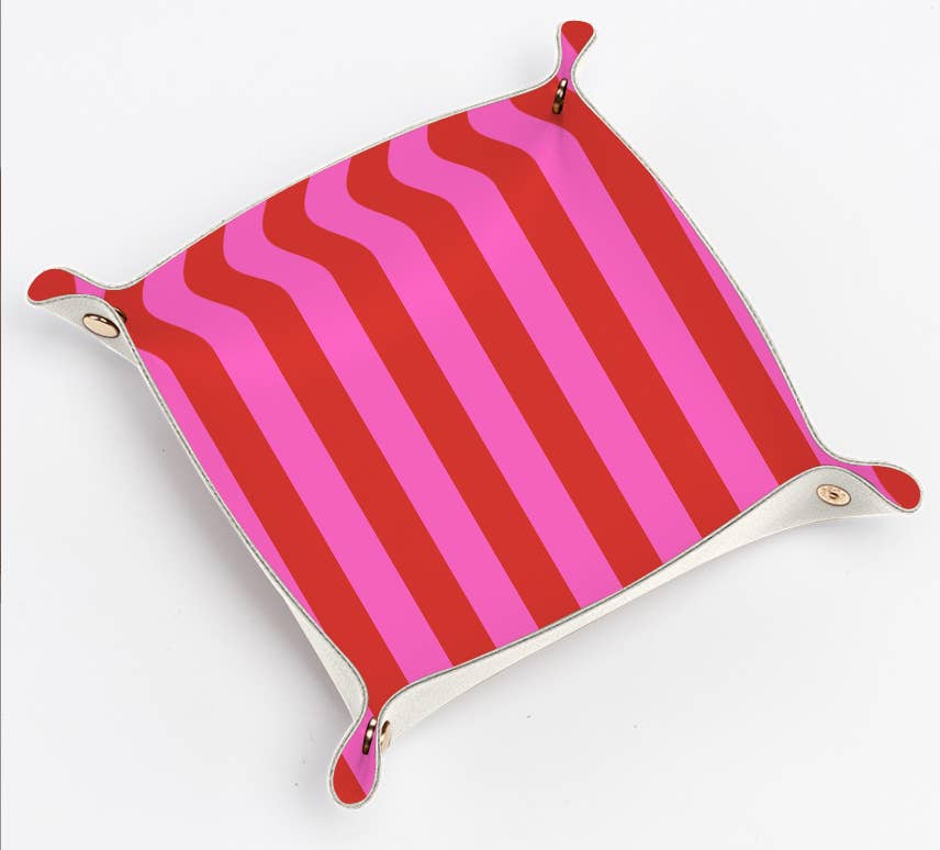 Cute Trinket Gift Tray Catchall | leather pink & red stripe