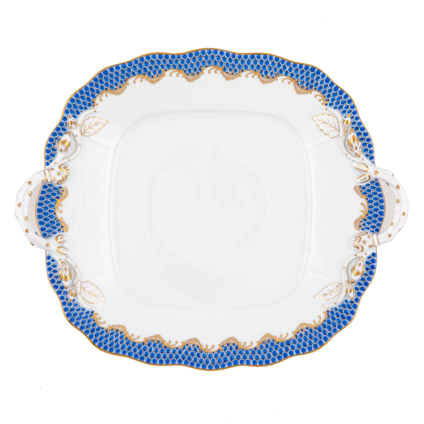 Herend Fish Scale Blue Cake Plate with Handles