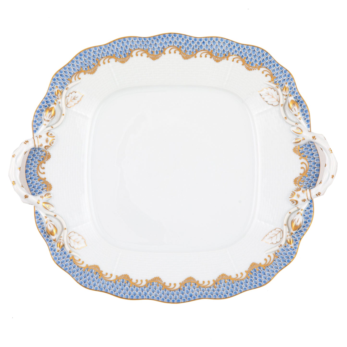 Herend Fish Scale Light Blue Cake Plate with Handles