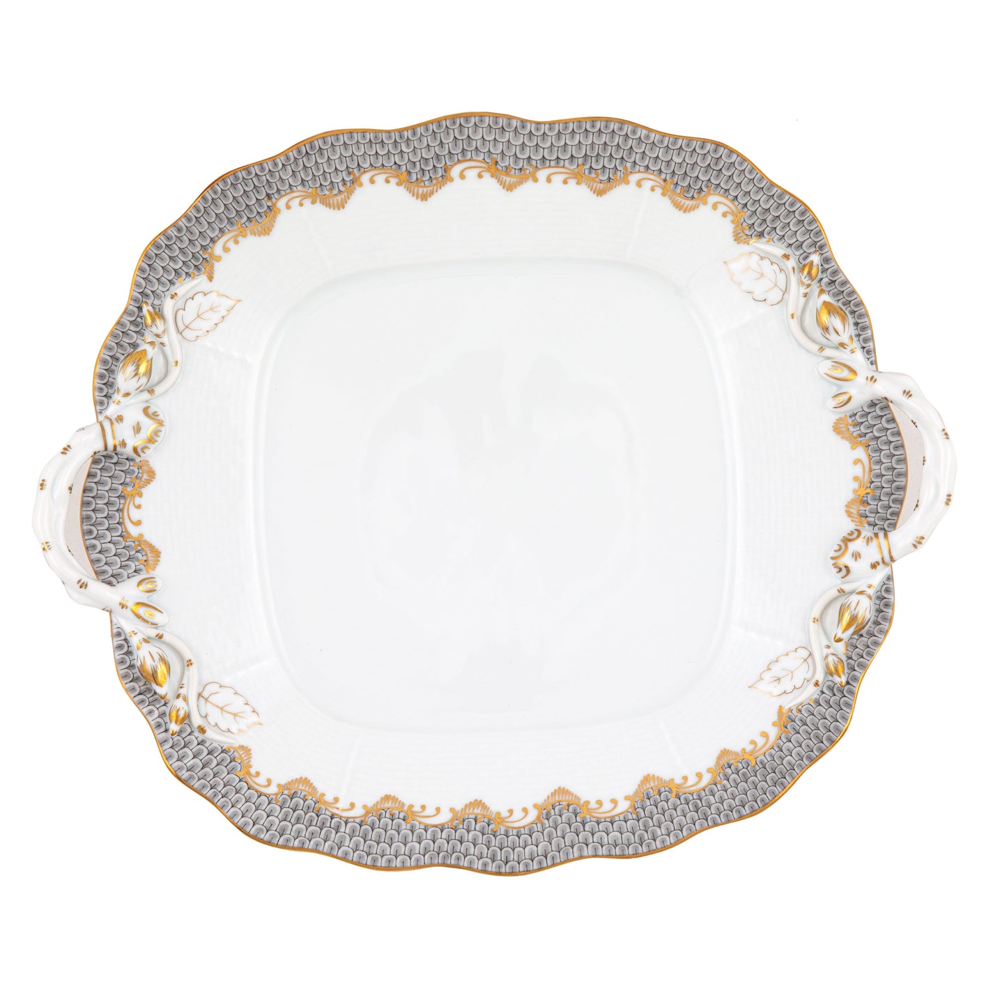 Herend Fish Scale Gray Cake Plate with Handles