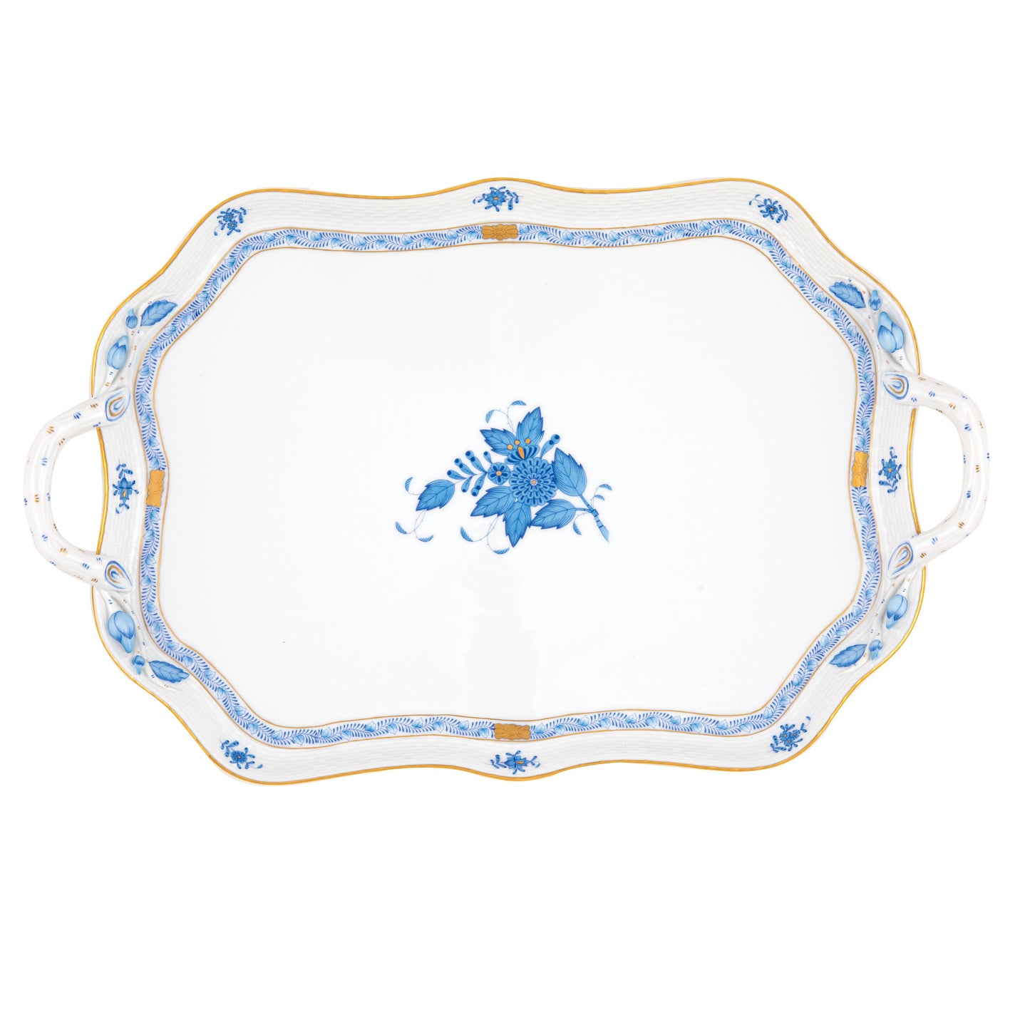 Herend Chinese Bouquet Blue Rectangle Tray with Handles