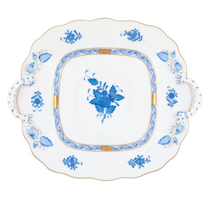 Herend Chinese Bouquet Blue Square Cake Plate With Handles