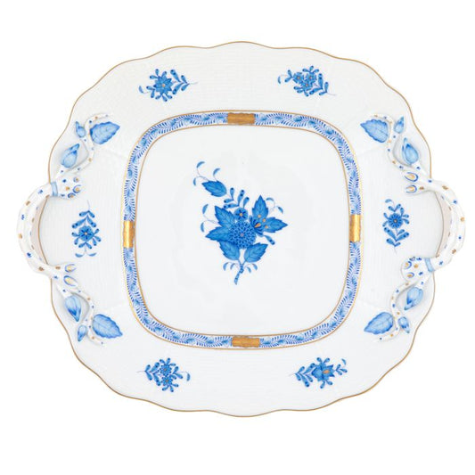 Herend Chinese Bouquet Blue Square Cake Plate With Handles