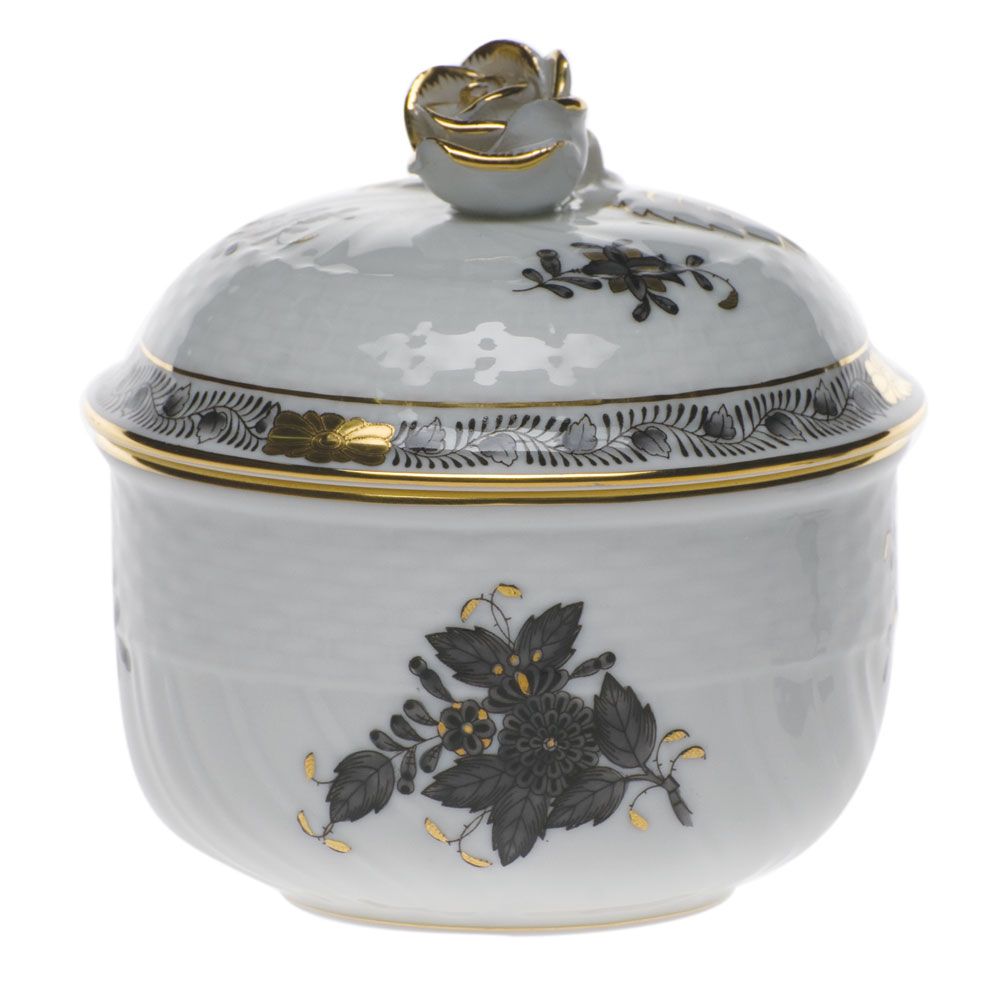 Herend Chinese Bouquet Black Covered Sugar with Rose