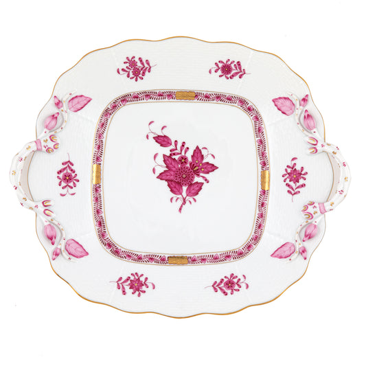 Herend Chinese Bouquet Raspberry Square Cake Plate With Handles