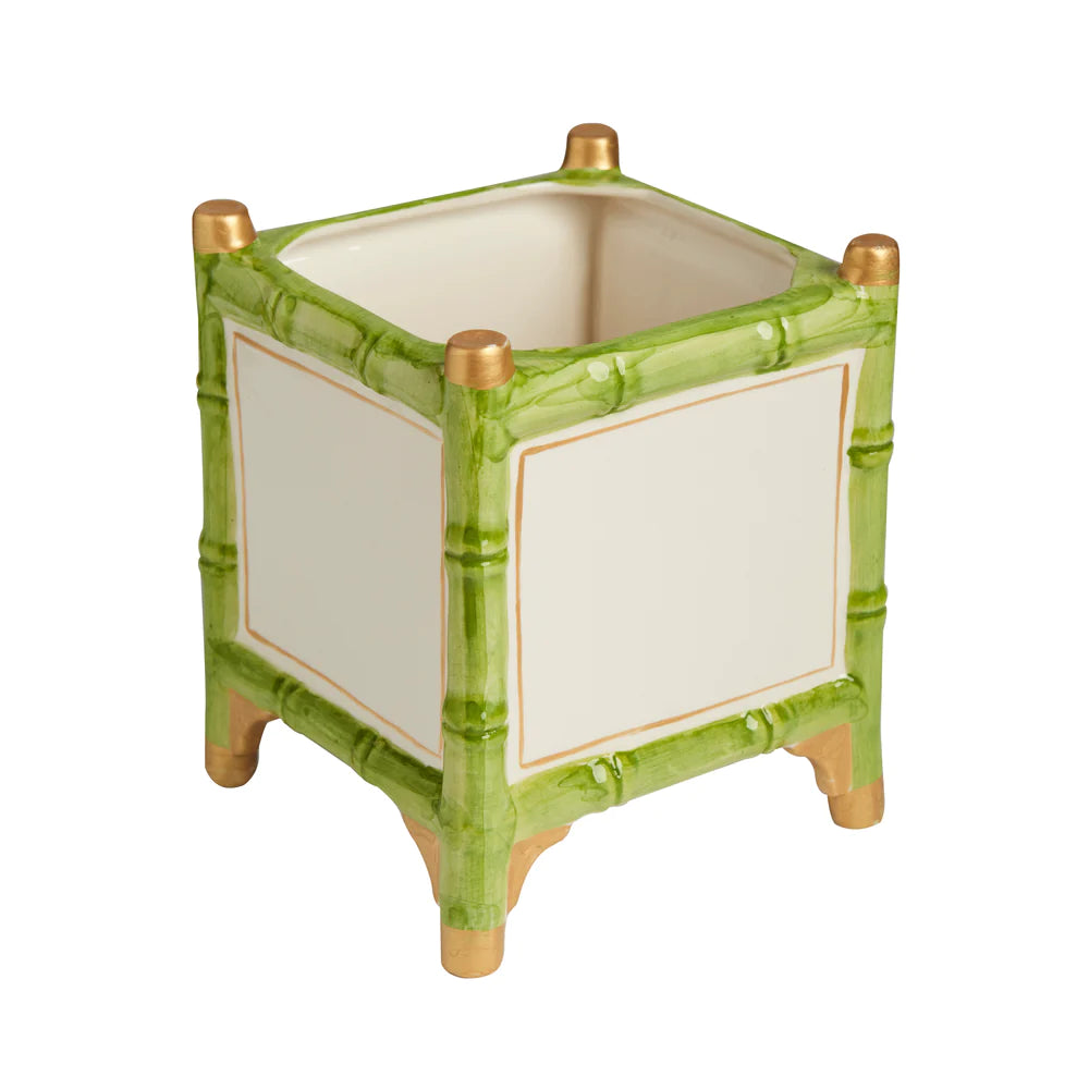 Ceramic Bamboo Cachepot Green & Gold | Large