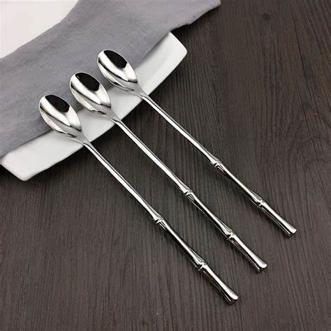 Set of 4 Stainless Bamboo Long Spoons