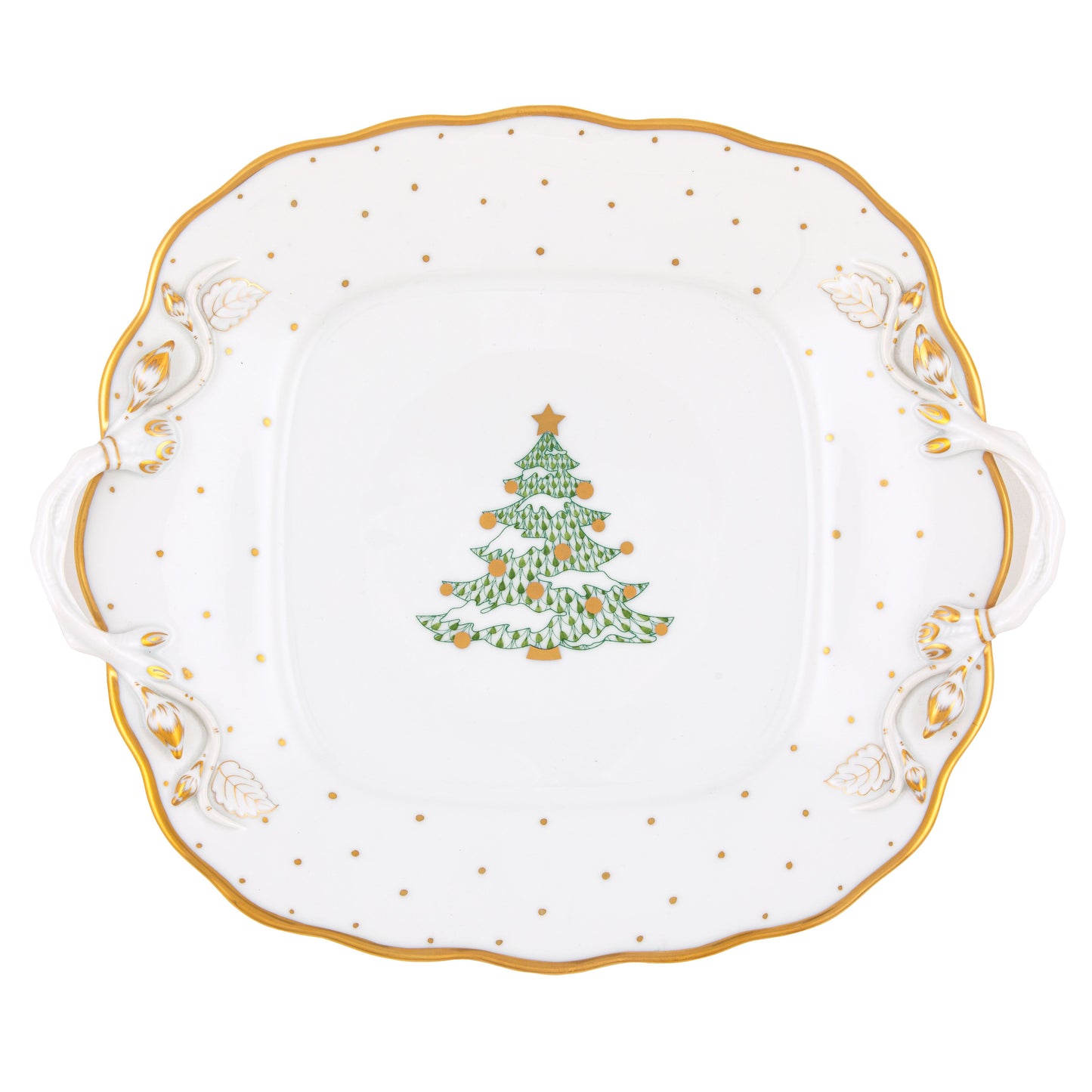 Herend Christmas Tree Square Cake Plate with Handles