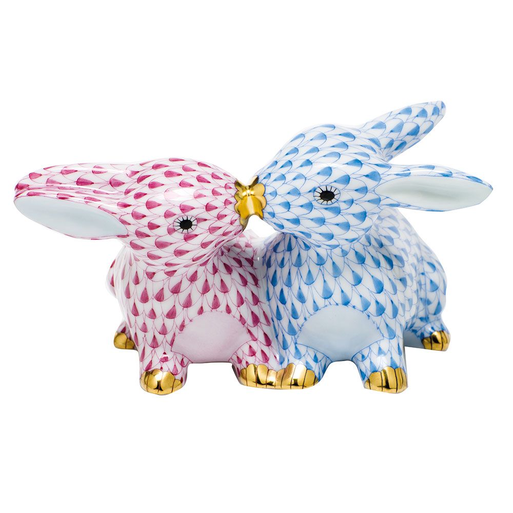 Herend Kissing Bunnies Raspberry and Blue