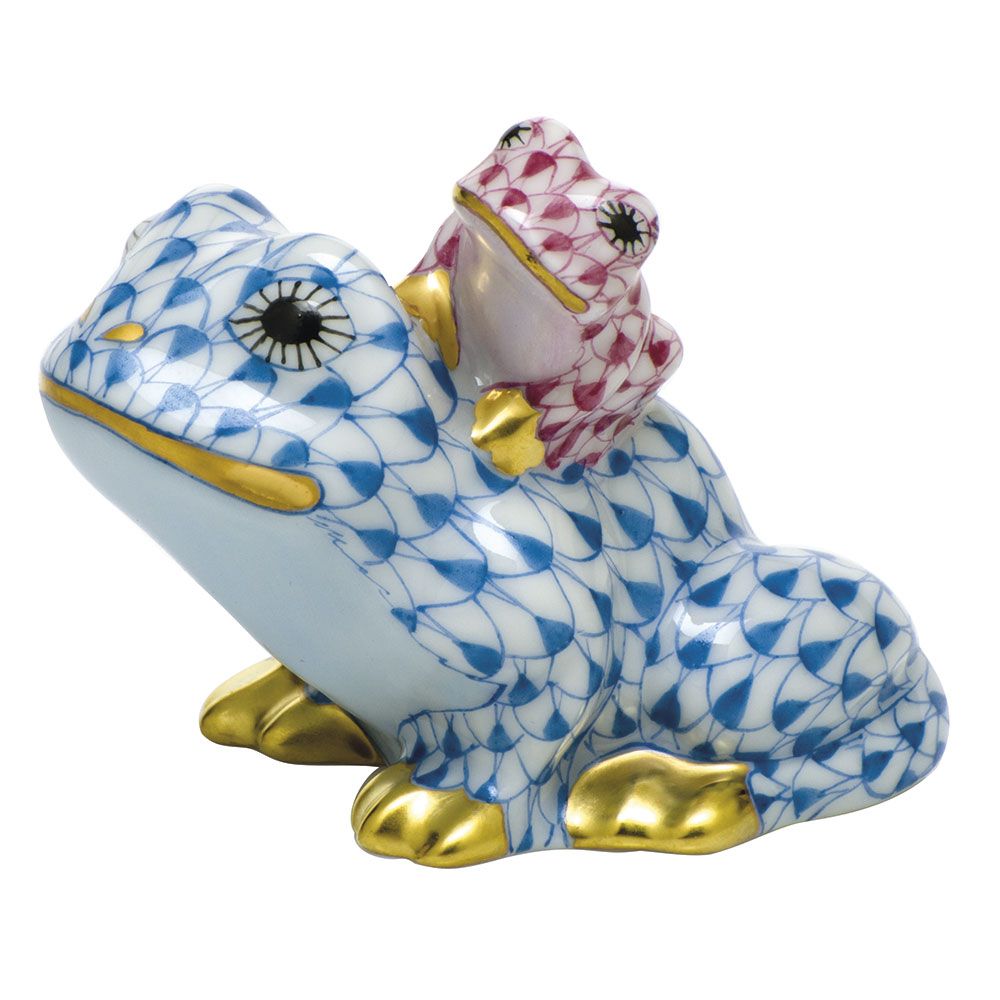 Herend Mother and Baby Frog Blue and Raspberry