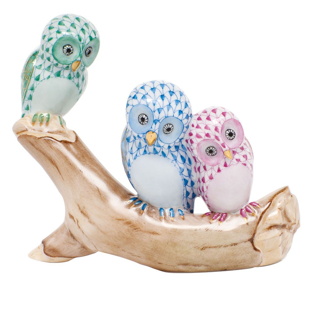 Herend Owls on Branch Green Blue and Raspberry