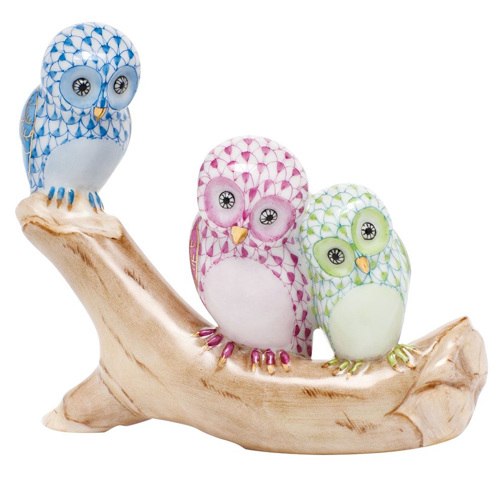 Herend Owls on Branch Blue Raspberry and Green