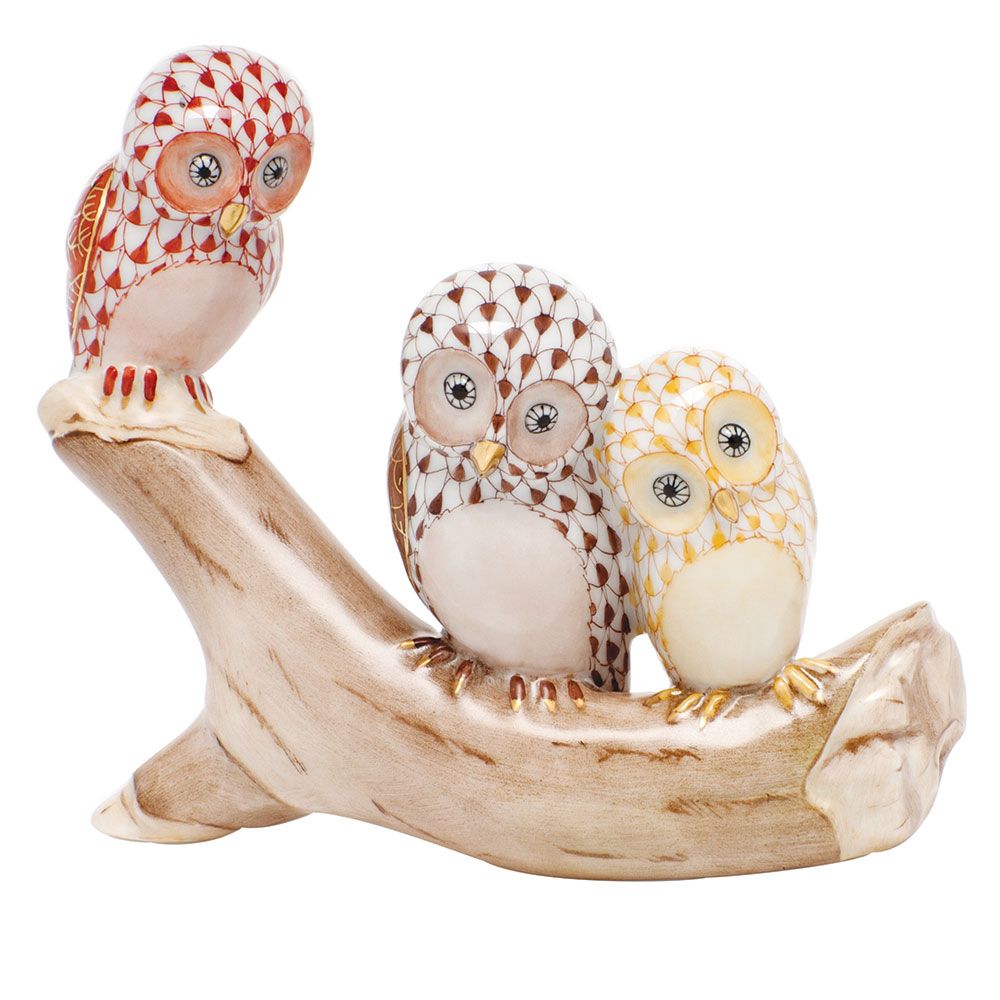 Herend Owls on Branch Rust, Chocolate and Butterscotch