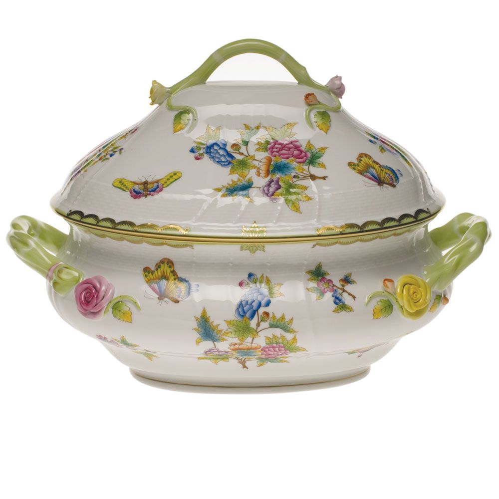Herend Queen Victoria Green Tureen with Branch Handles