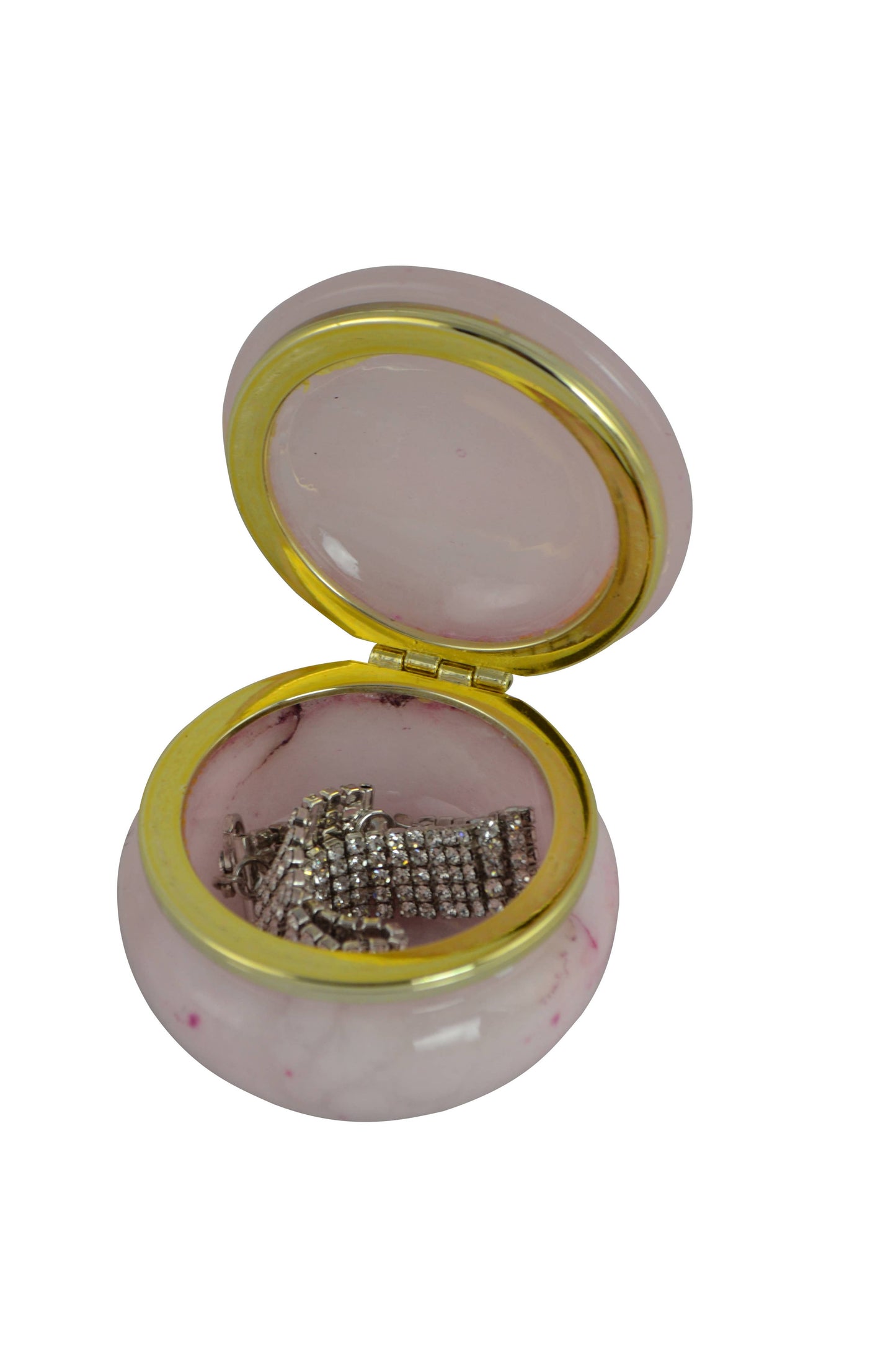 Round Trinket Box Alabaster Stone Pink with Gold Trim 2.5"