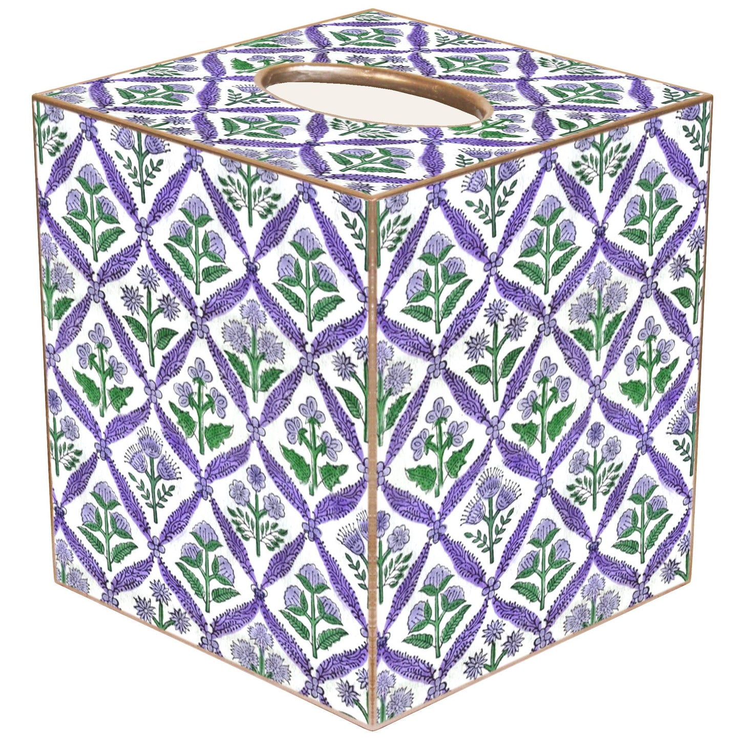 Lavender Block Print Floral Pattern Tissue Box: Paper Mache