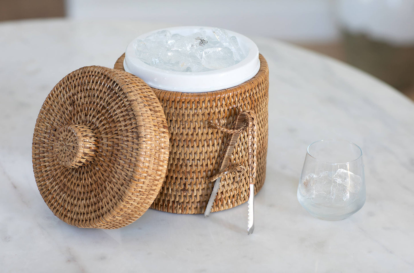 Rattan Ice Bucket with Tongs – Beverage Cooler: Honey Brown