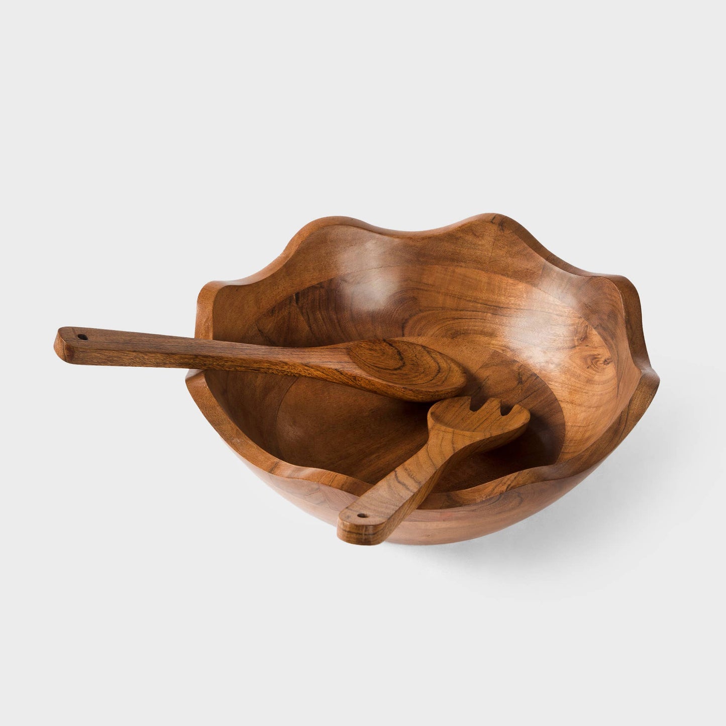 Hand-Carved Scalloped Acacia Wood Salad Bowl with Servers