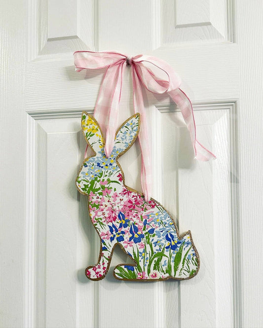 Field of Flowers Handmade Bunny Door Hanger - 12”: Laying/Hopping Bunny