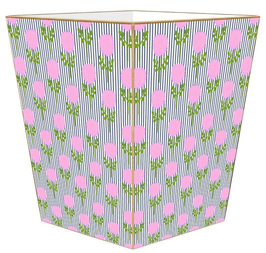 Marigold Ticking Stripe Pink by Laura Park Wastebasket: Wood Scalloped Top