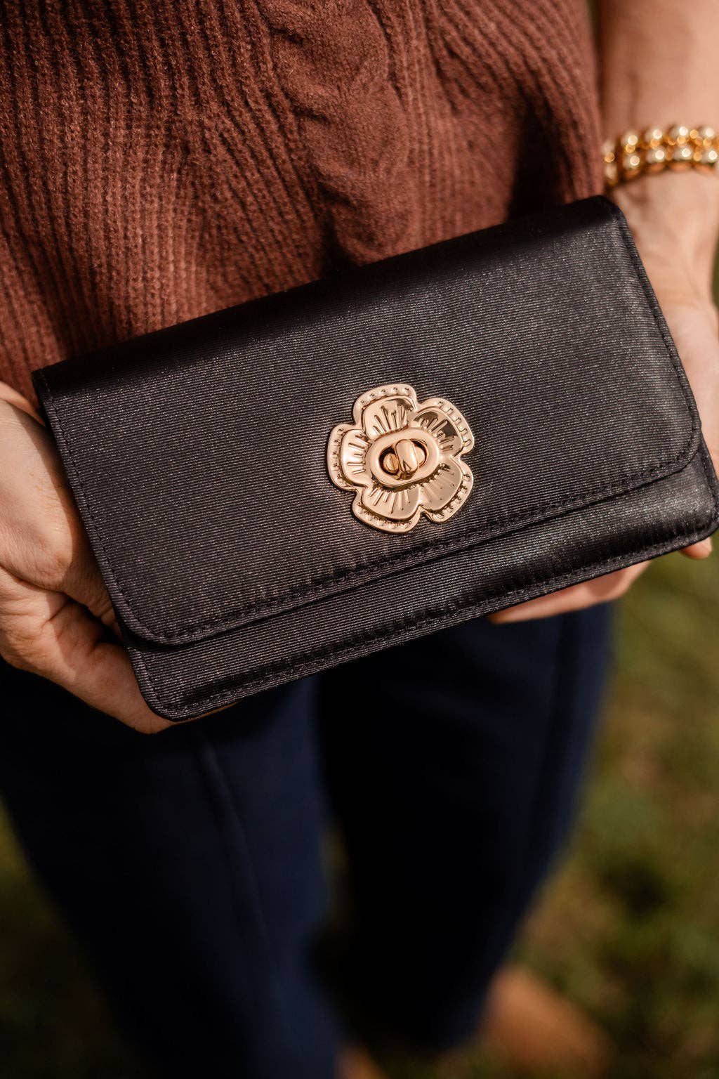 Lilly Faille Clutch- Flower Closure Black